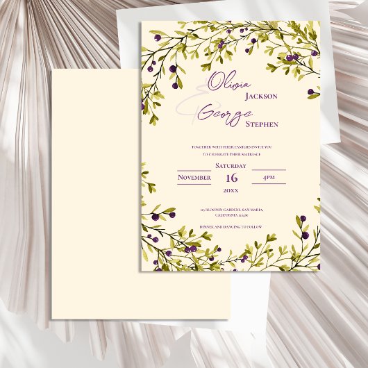 Romantic Rustic Purple Berry Leaves Wedding 招待状