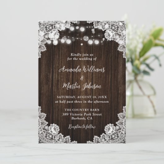 Romantic Rustic Wood Floral Lace Wedding 招待状 (スタンド正面)