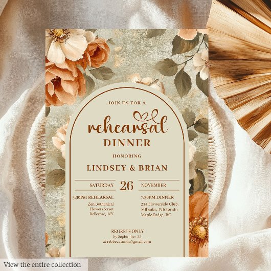 Romantic Rusty Beige Sage Floral Wedding Rehearsal 招待状