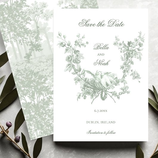 Romantic Sage Floral Wreath w/Lovebirds Wedding セーブザデート