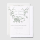 Romantic Sage Floral Wreath w/Lovebirds Wedding ベラム紙招待状 (オフセット)