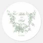 Romantic Sage Floral Wreath w/Lovebirds Wedding ラウンドシール (正面)