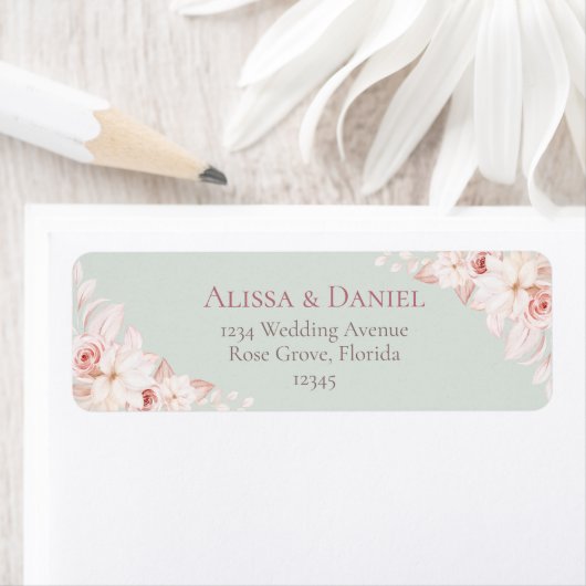 Romantic Sage Green and Pink Floral Address Label ラベル (インサイチュ)