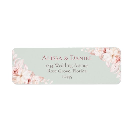 Romantic Sage Green and Pink Floral Address Label ラベル (正面)