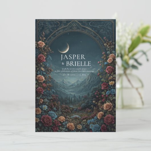 Romantic Scenic Valley Floral Arch Evening Wedding 招待状 (スタンド正面)
