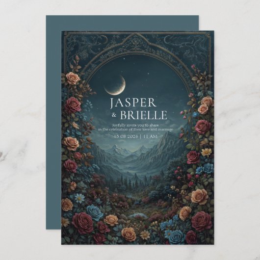 Romantic Scenic Valley Floral Arch Evening Wedding 招待状 (正面/裏面)