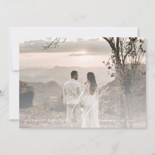 Romantic Script Calligraphy Add Photo Wedding セーブザデート (正面)