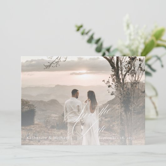 Romantic Script Calligraphy Add Photo Wedding セーブザデート (スタンド正面)