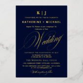 Romantic Script Calligraphy Monogram Gold Wedding 箔招待状 (正面)