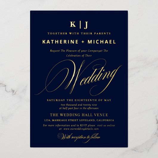 Romantic Script Calligraphy Monogram Gold Wedding 箔招待状 (正面)