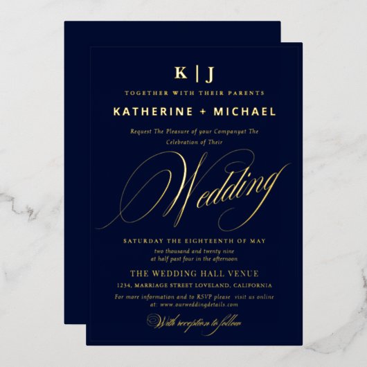 Romantic Script Calligraphy Monogram Gold Wedding 箔招待状 (正面/裏面)