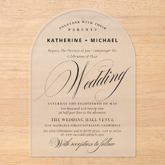 Romantic Script Calligraphy Simple & Chic Wedding アクリル招待状 (正面)