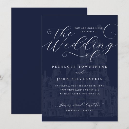Romantic Script Navy Castle Illustration Wedding 招待状 (正面/裏面)