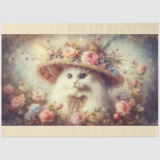 Romantic Shabby Chic Floral Cat Decoupage  薄葉紙 (正面)