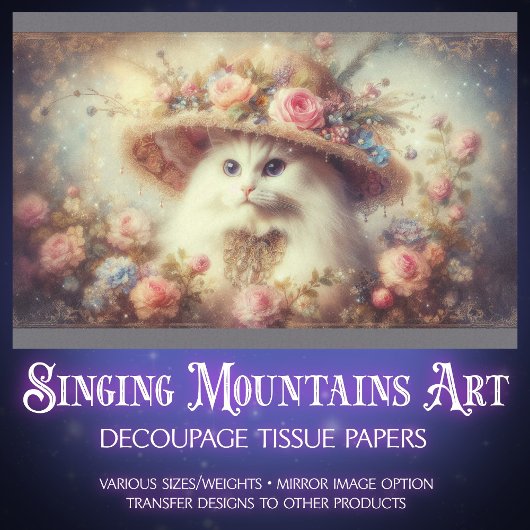 Romantic Shabby Chic Floral Cat Decoupage  薄葉紙