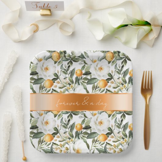Romantic Sicilian Summer Floral Oranges Wedding ペーパープレート (ウェディング)