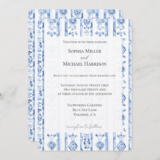 Romantic Sicily Italian Rustic Blue Stripe Wedding 招待状 (正面/裏面)