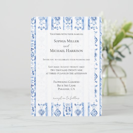 Romantic Sicily Italian Rustic Blue Stripe Wedding 招待状 (スタンド正面)