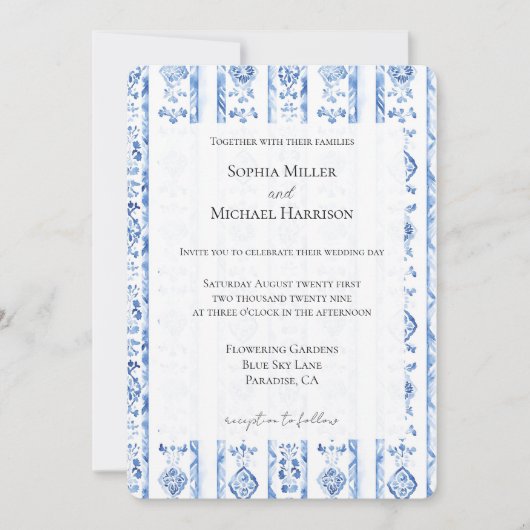 Romantic Sicily Italian Rustic Blue Stripe Wedding 招待状 (正面)