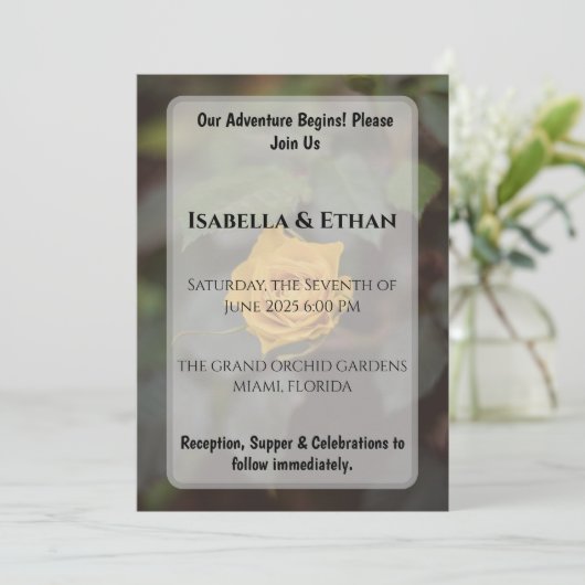 Romantic Single Yellow Rose Dark Garden Wedding  招待状 (スタンド正面)