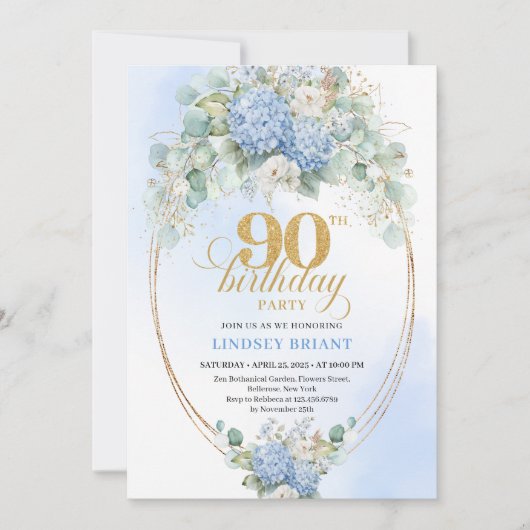 Romantic Soft Blue Hydrangea 90th Birthday Invite 招待状 (正面)