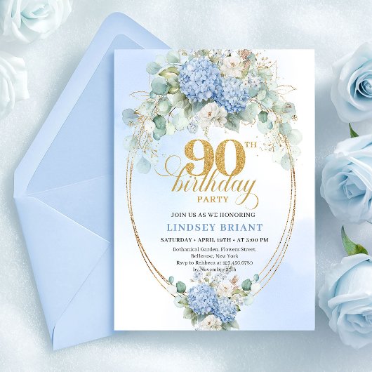 Romantic Soft Blue Hydrangea 90th Birthday Invite 招待状