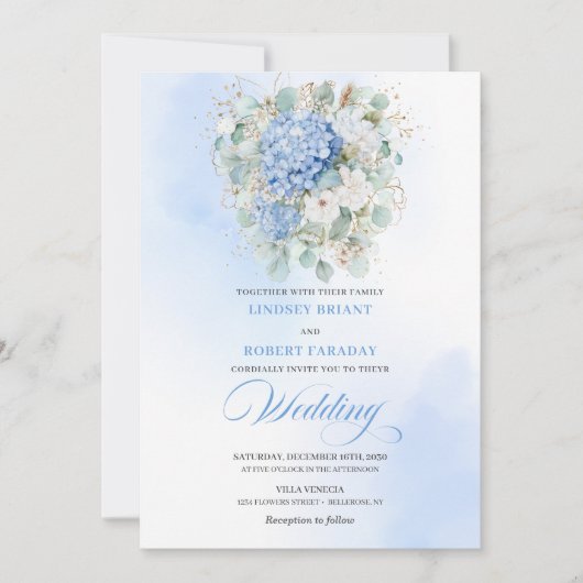 Romantic Soft Blue Hydrangea Eucalyptus Wedding  招待状 (正面)