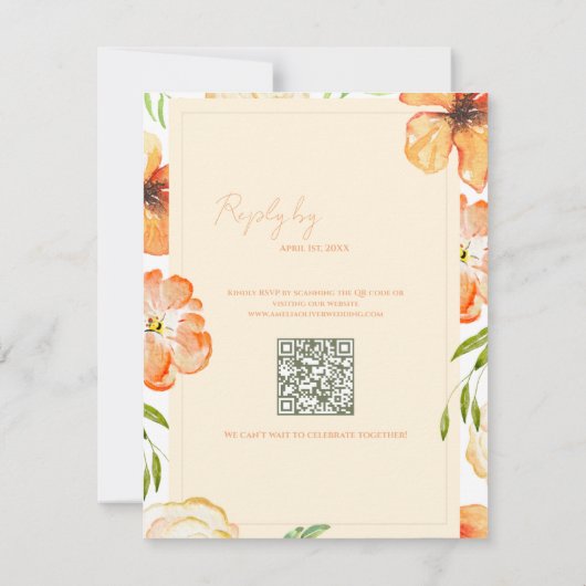 Romantic Soft Peach QR Code Garden Floral Wedding 出欠カード (裏面)