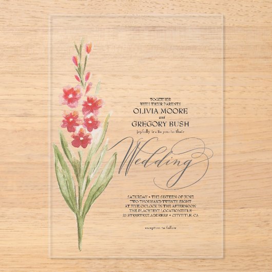 Romantic Soft Pink Flowers Summer Garden アクリル招待状 (正面)