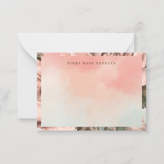 Romantic Soft Pink Rose Watercolor Flat Note Card ノートカード (正面)