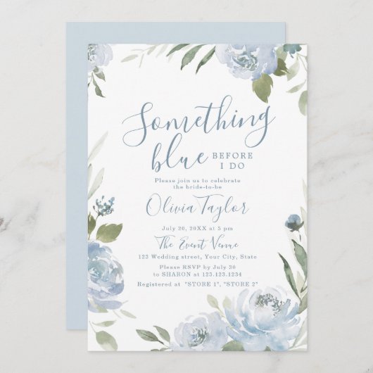 Romantic something blue floral Bridal Shower 招待状 (正面/裏面)