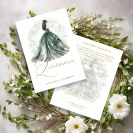 Romantic Spanish Quinceañera in Green & Golden  招待状