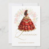 Romantic Spanish Quinceañera in Red & Golden  招待状 (正面)