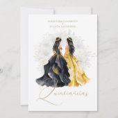 Romantic Spanish Quinceañera Twins in Black Yellow 招待状 (正面)