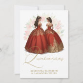 Romantic Spanish Quinceañera Twins Red & Golden  招待状 (正面)