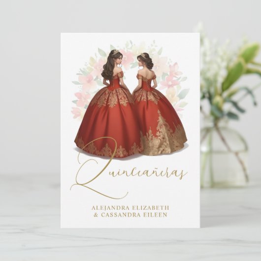 Romantic Spanish Quinceañera Twins Red & Golden  招待状 (スタンド正面)