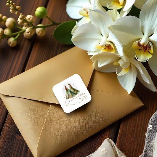 Romantic Spanish Quinceañeras Twins Dolls Green スクエアシール