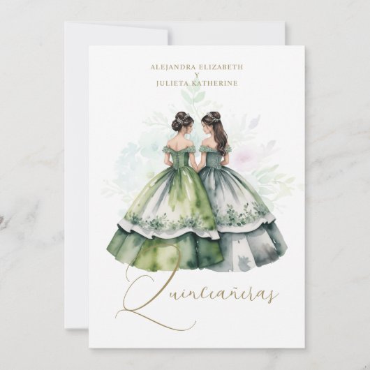 Romantic Spanish Quinceañeras Twins Green Shades 招待状 (正面)