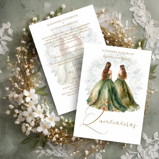 Romantic Spanish Quinceañeras Twins Green Shades 招待状