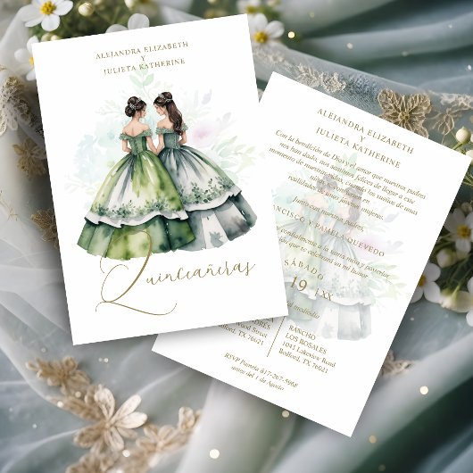 Romantic Spanish Quinceañeras Twins Green Shades 招待状