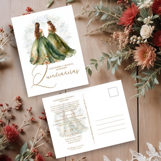 Romantic Spanish Quinceañeras Twins in Green Brown ポストカード