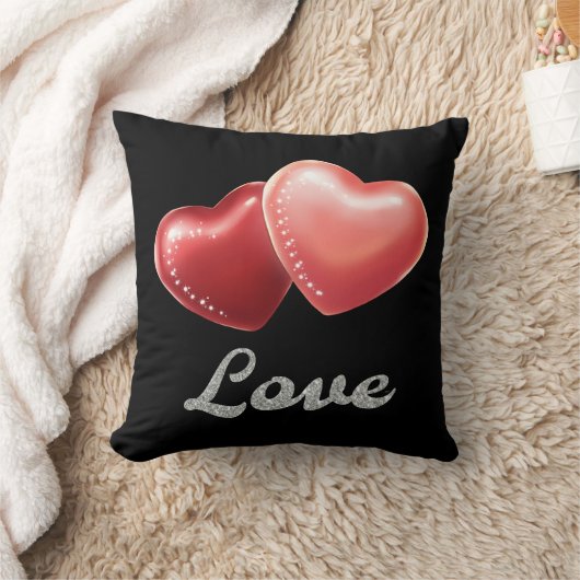 Romantic Sparkling Red Hearts "Love" Glitter Desig クッション (ブランケット)
