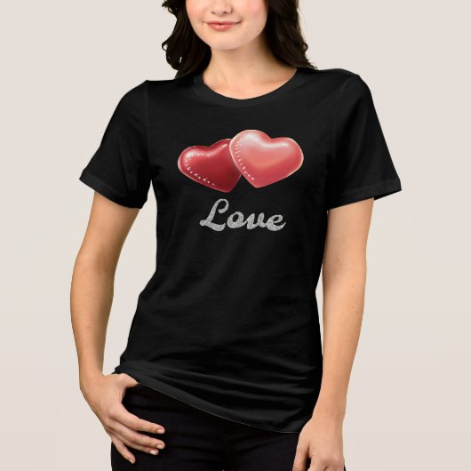 Romantic Sparkling Red Hearts "Love" Glitter Desig トライブレンドＴシャツ (正面)