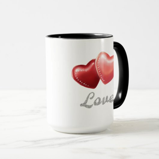 Romantic Sparkling Red Hearts "Love" Glitter Desig マグカップ (正面右)