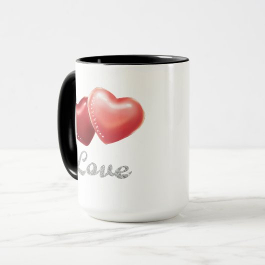 Romantic Sparkling Red Hearts "Love" Glitter Desig マグカップ (正面左)