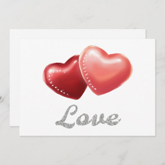 Romantic Sparkling Red Hearts "Love" Glitter Desig 招待状 (正面/裏面)