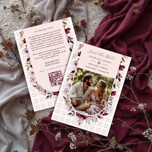 Romantic Spring Burgundy Floral Arch Wedding セーブザデート