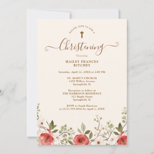 Romantic Spring Roses and Flowers Baptism 招待状 (正面)