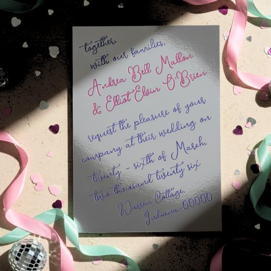 Romantic Spring Wedding Pink, Purple & Silver 箔招待状