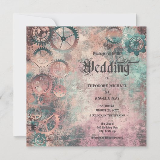 Romantic Steampunk Gears Wedding Invitation 招待状 (正面)